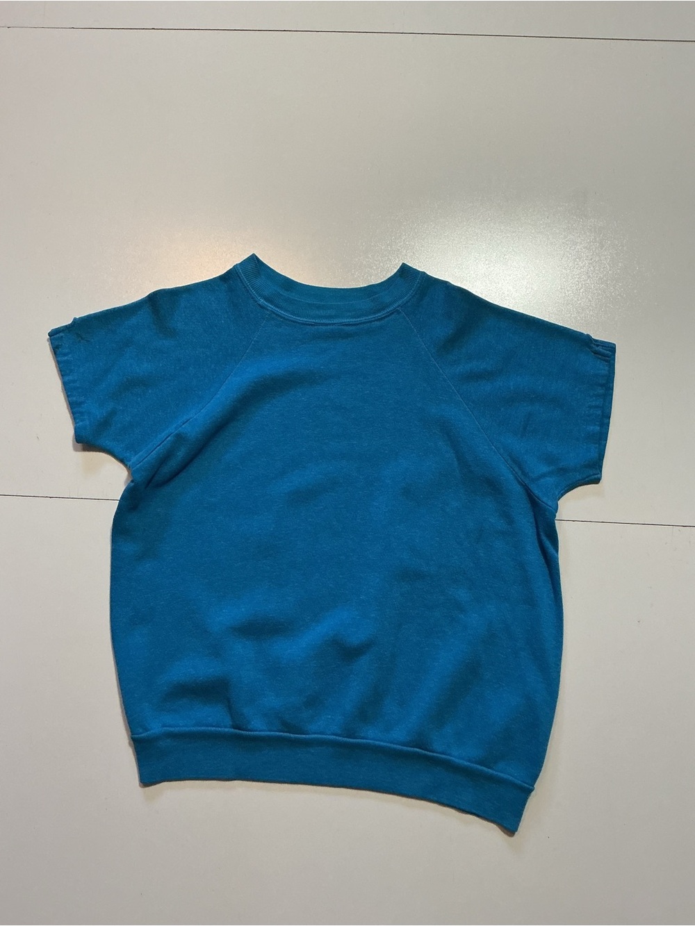 Vintage 70s 80s Short Sleeve Blue Blank Fleece Retro Pullover Sweatshirt